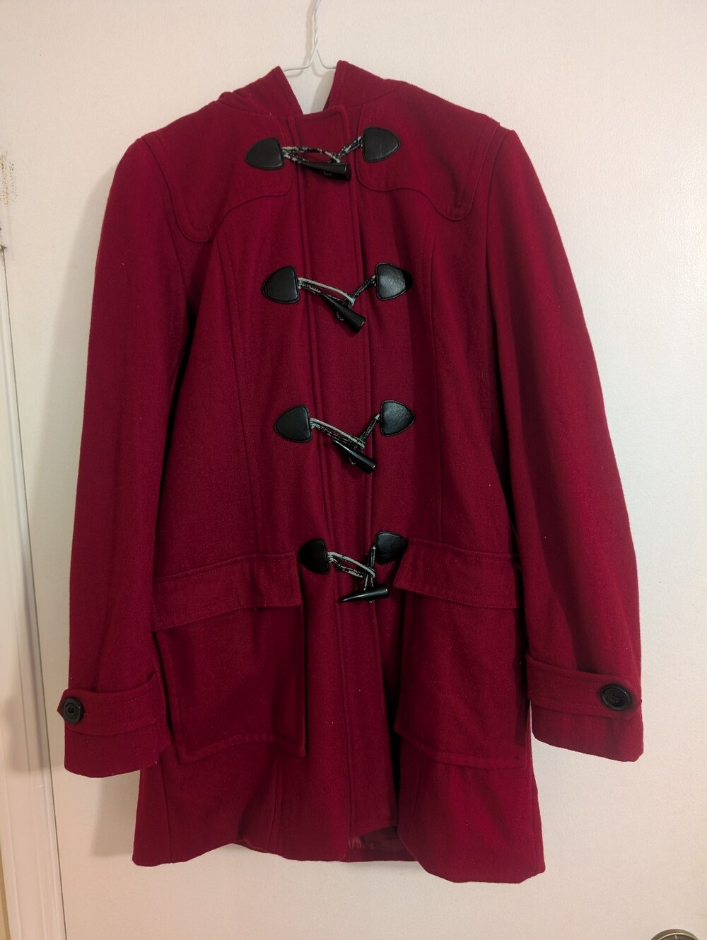 Liz Claiborne Red Wool Blend Hooded Toggle Duffle Coat Mid Length Small